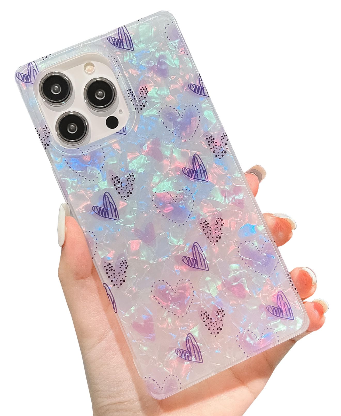 KERZZILElegent Girly Pearl Texture Compatible with iPhone 14 Pro Max Rectangle Edge Case, Cute Love Hearts Pattern Slim Soft TPU Protective Bumper Cases Cover(Purple,14 Pro Max)