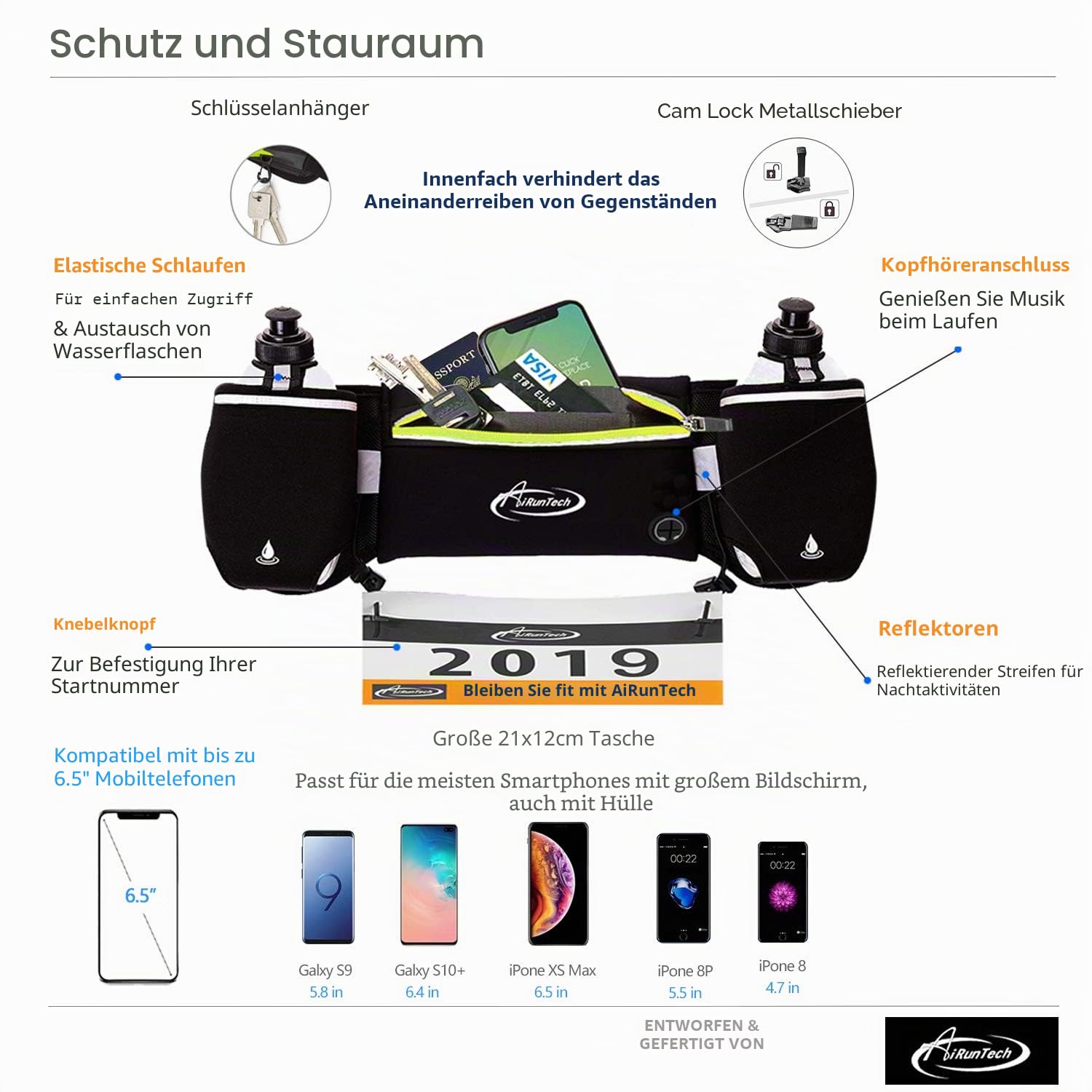 AiRunTech Laufgürtel mit Flaschen, Zero Bounce Design für Laufen, Triathlon, Ironman, Marathon, 10 K, 5 K, Traillänge für die meisten Smartphones(2 x 175 ml) Schwarz