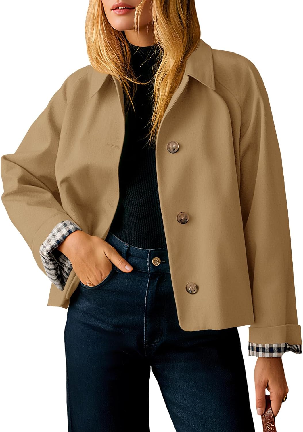 Tankaneo Womens Cropped Trench Coat Lightweight Single Breasted Jacket Fall Windbreaker Fashion Outerwear