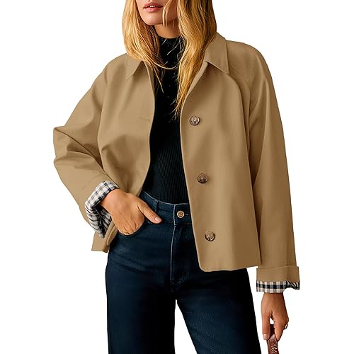 Tankaneo Womens Cropped Trench Coat Lightweight Single Breasted Jacket Fall Windbreaker Fashion Outerwear