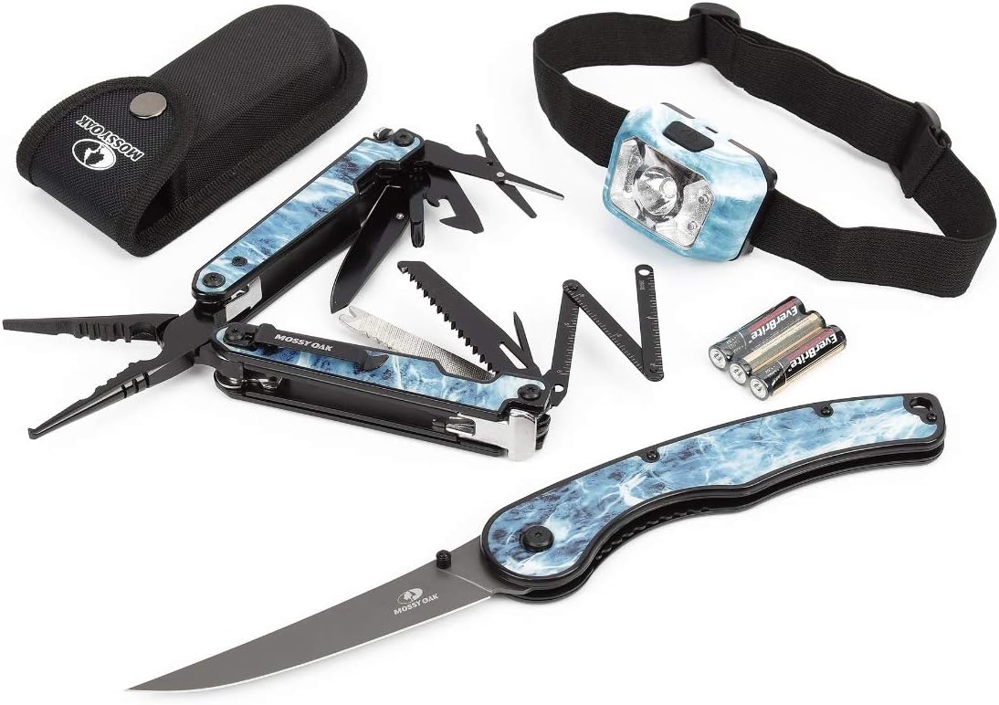 Mossy Oak 3-Piece Anglers Combo , Model Fs736 200 Lumen Headlamp, Folding Fillet Knife and 25-in-1 Fishing Multitool