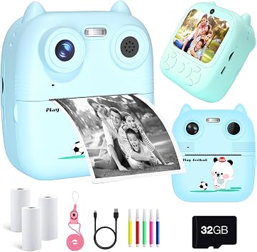 Digital Video Instant Print Camera for Kids - 1080P HD Instant Print Photo, Portable Toy with 3 Rolls Photo Paper, 5 Color Pens, 32GB Card, Christmas Birthday Gifts for Age 311 Girls Boys - Pink