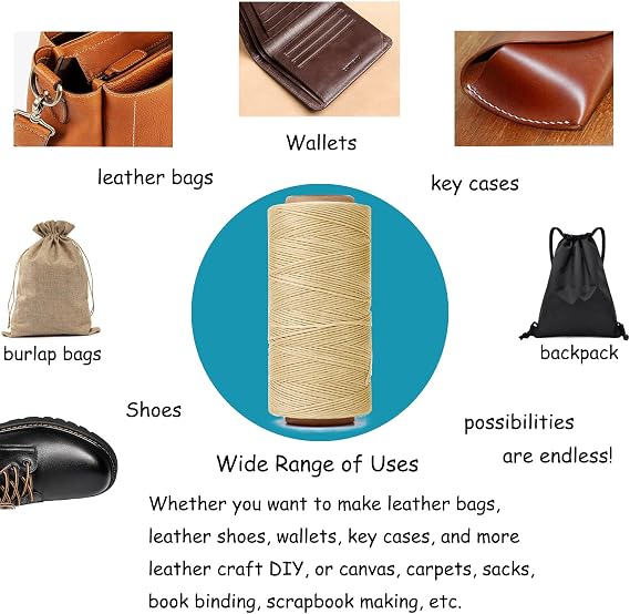 260m 150D Waxed Thread for Leather Sewing, Leather Thread for Hand Sewing, Craft DIY, Wallets, Shoe Repairing, Book Binding (Beige)