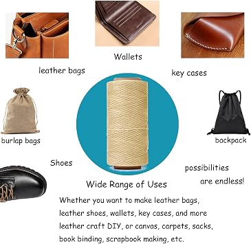 260m 150D Waxed Thread for Leather Sewing, Leather Thread for Hand Sewing, Craft DIY, Wallets, Shoe Repairing, Book Binding (Beige)
