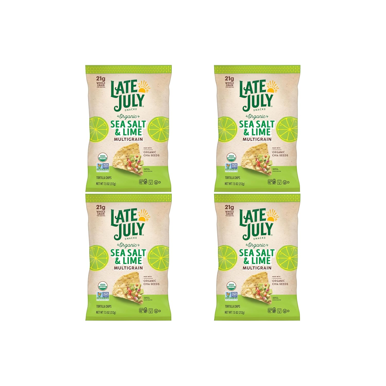 Late July Snacks, Organic Multigrain Tortilla Chips, Sea Salt and Lime, 7.5-oz. Bag (Pack of 4)