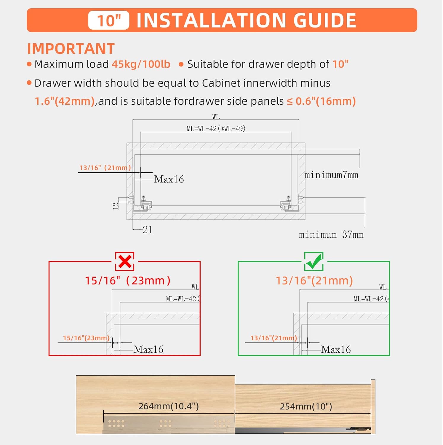 Diagram showing critical dimensions for 10 inch drawer slide installation
