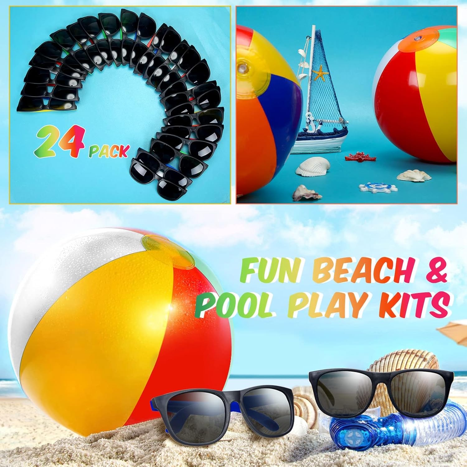 Oleitodh 48/72/96 PCS Sunglasses Beach Balls Party Favors 12" Inflatable Pool Beach Balls Bulk for Kids Adults Rainbow Pool Balls Park Backyard Summer Water Birthday Parties Supplies