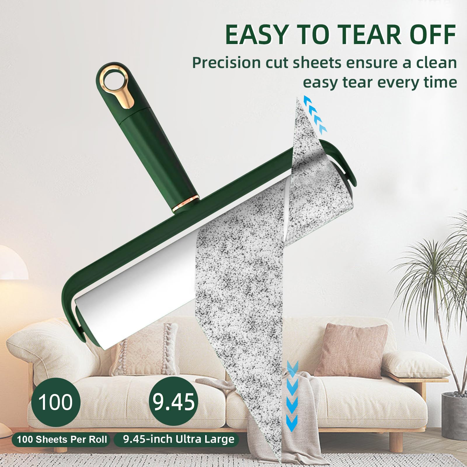 Große Fusselrollen für Tierhaare, extra stark haftend, Nachfüllrollen mit 400 Blatt, mit langem Griff, 9,45 Zoll (24 cm) Lange Riesen-Fusselrolle für Fußboden, Möbel und Tierhalter (Grün)