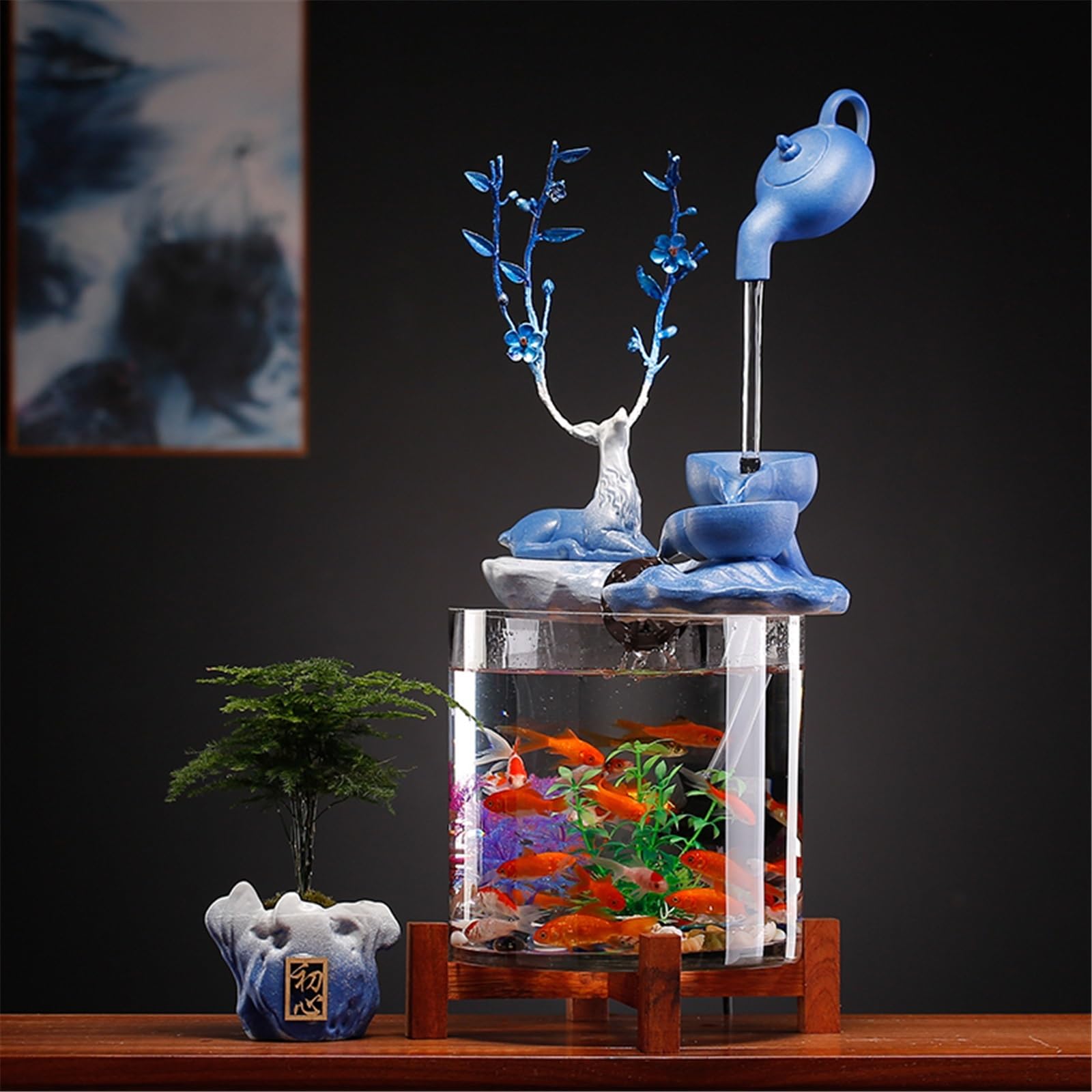 Desktop-Brunnen für den Innenbereich, Wohnzimmer, Desktop-Zirkulierende Wasserornamente, transparentes Glas, Aquarium, Tischbrunnen