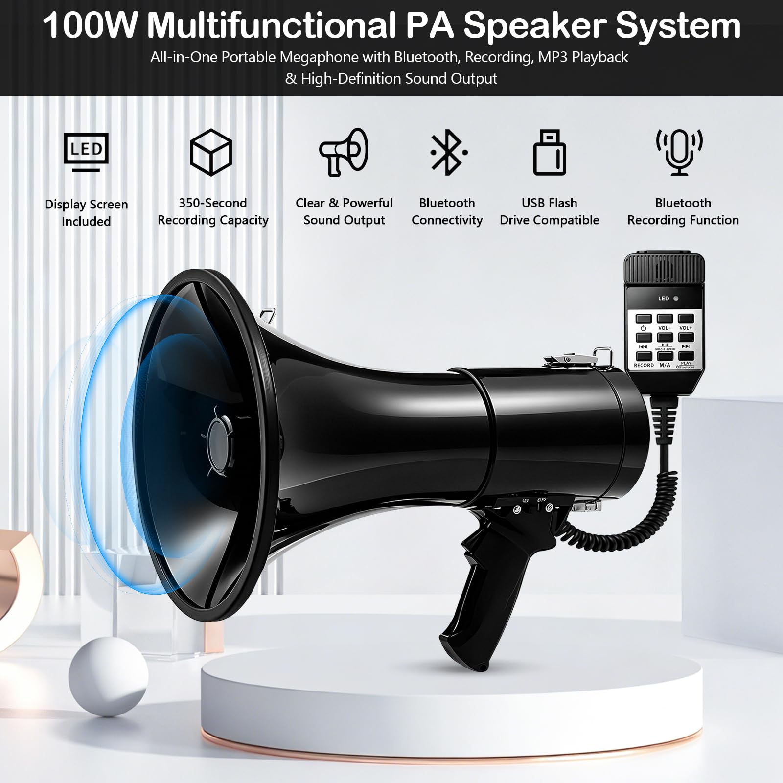 Megáfono 100W Bluetooth con Grabación, Triple Alimentación, 2 Baterías, Alcance 2000m, Sirena, Micrófono Externo, USB, Correa