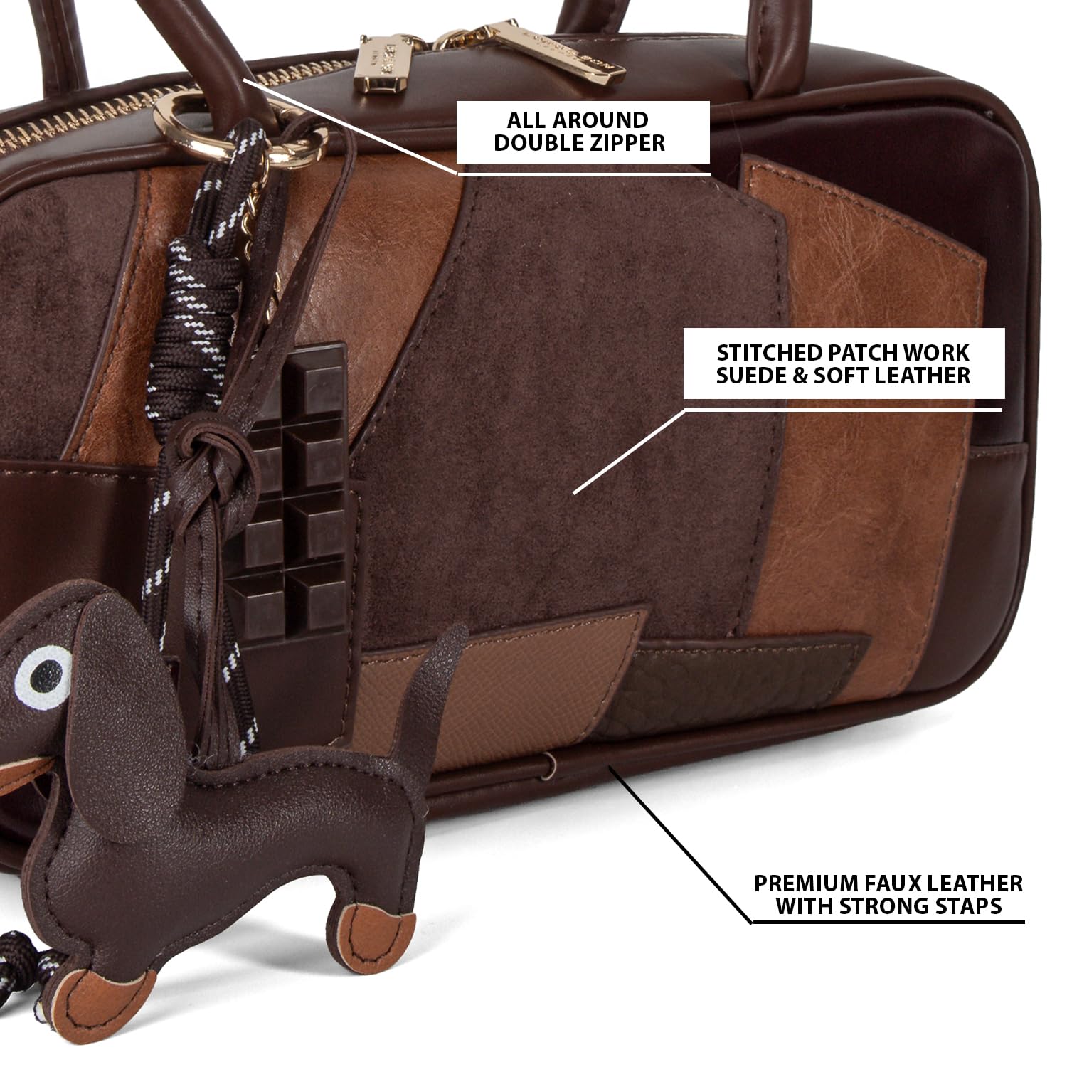 Woodland Leathers Borsa a mano da donna, borsa a tracolla in ecopelle patchwork per donne, elegante mix di pelle scamosciata e morbida toppa lavorata su borsa baguette firmata