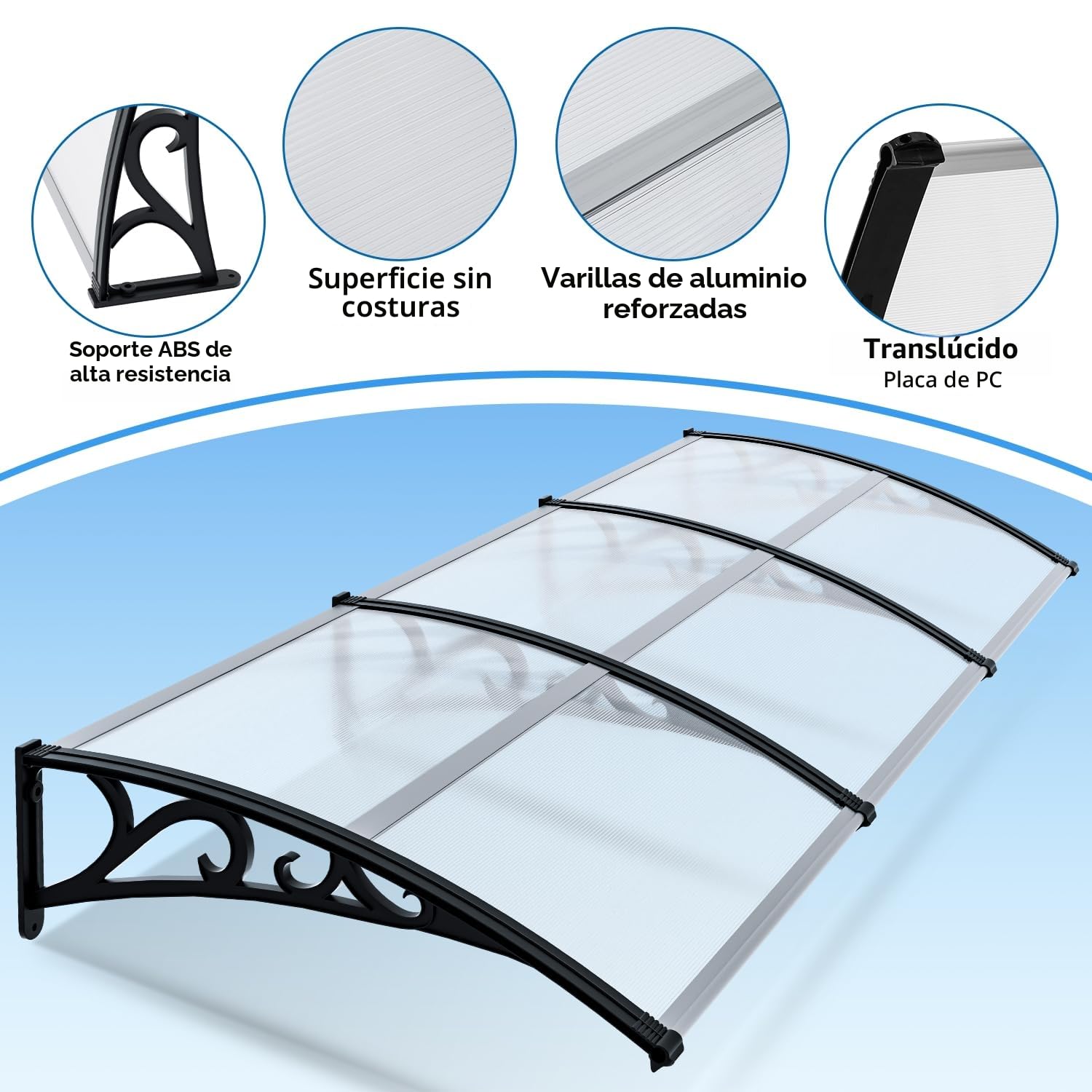 Toldo para Puerta 100x300 cm, marquesina para Puerta de Entrada de 6 mm de Aluminio y policarbonato, marquesina Transparente arqueada, protección contra el Sol y la Lluvia