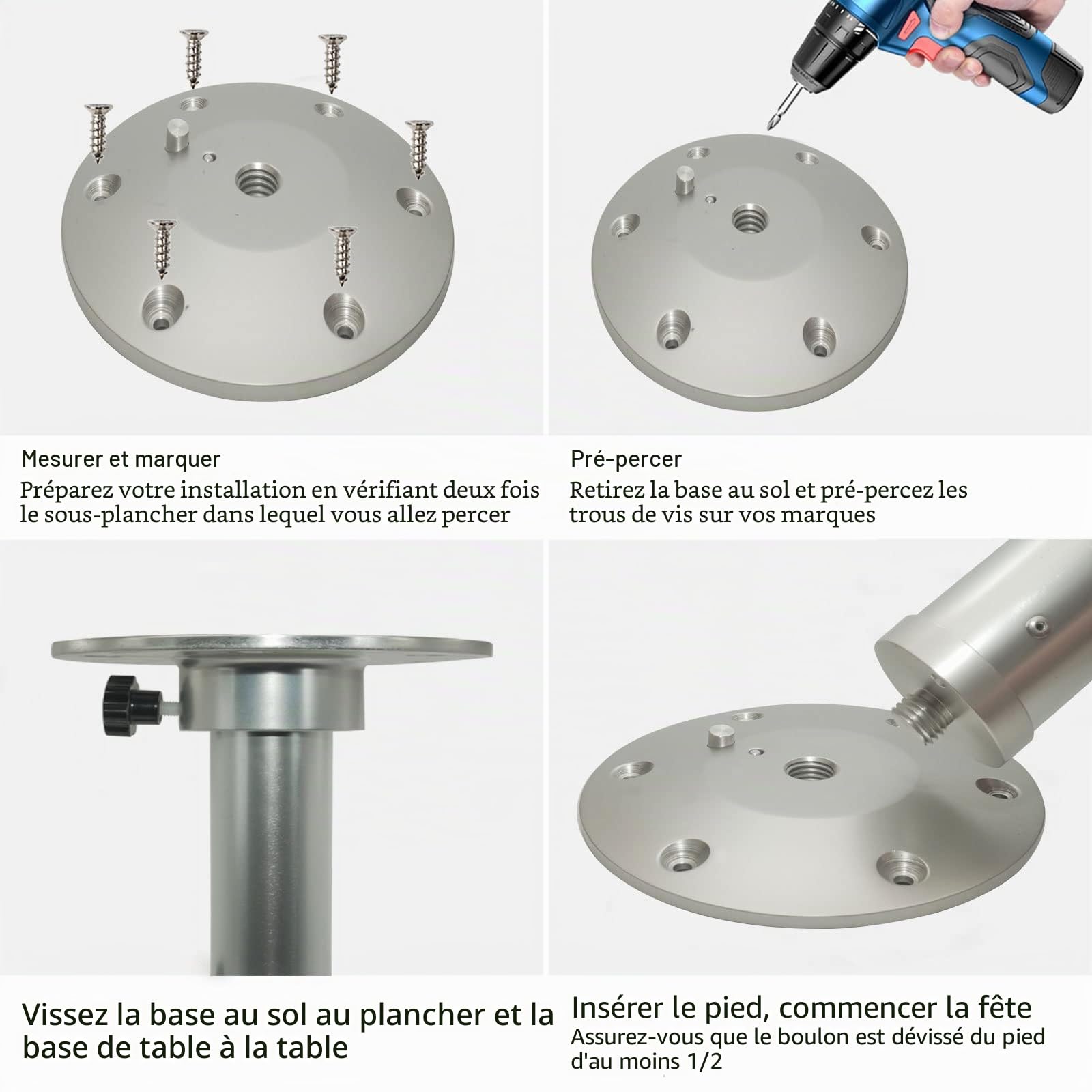 Pied de table réglable, pied support de table réagable 450-690 mm rotatif à 360 °, RV télescopique amovible pour caravane/camping car/caravane/yacht/camping/bateau/auvent/balcon/famille