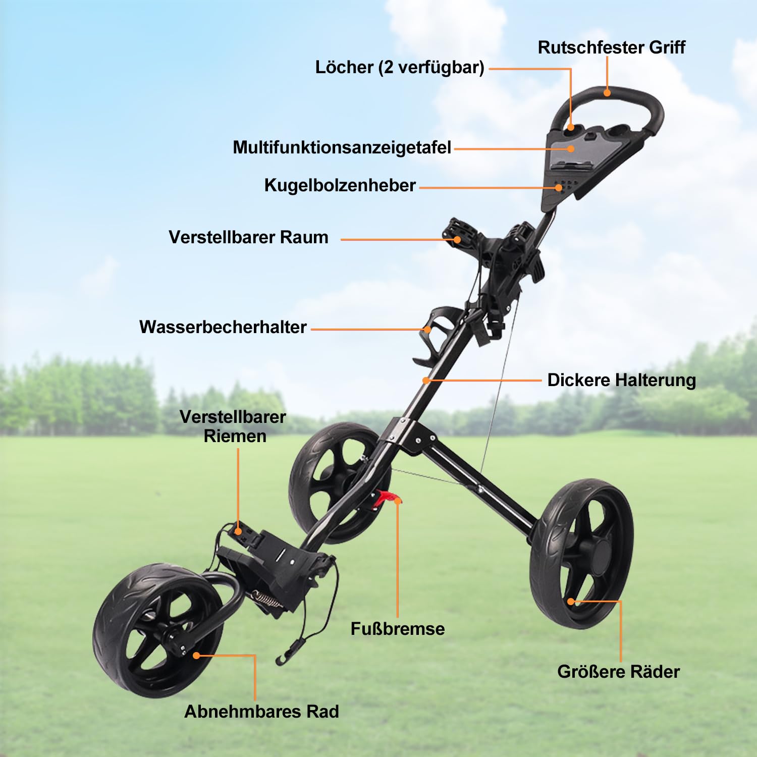 Golf Trolley, Leichte Faltbare Golf Buggy, Verstellbare Elastische Riemen, FußBremse Scorecard Cup Holder, GroßE RäDer FüR Verschiedene Terrains