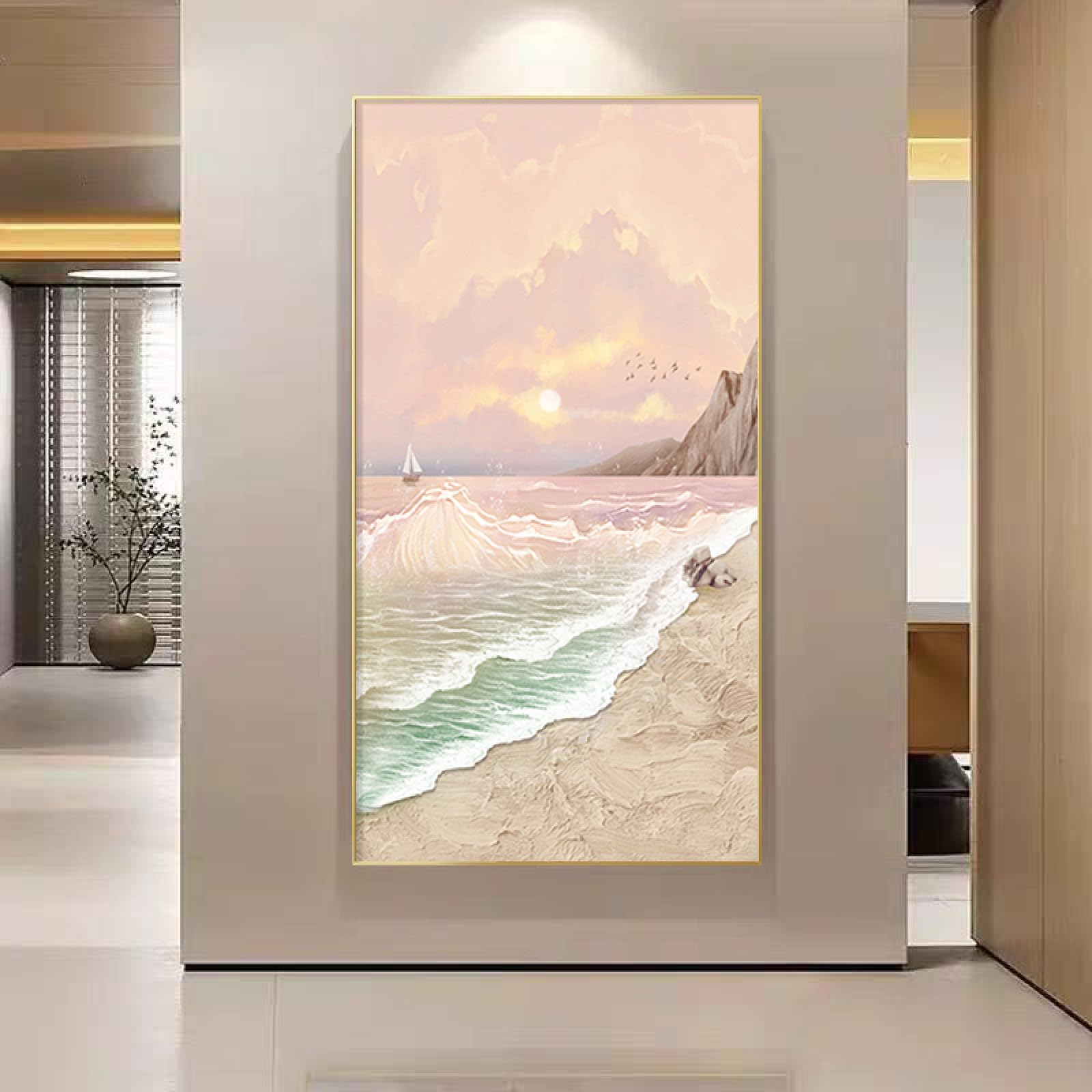 Peinture à l'huile peinte à la main d'un lever de soleil texturé sur la plage