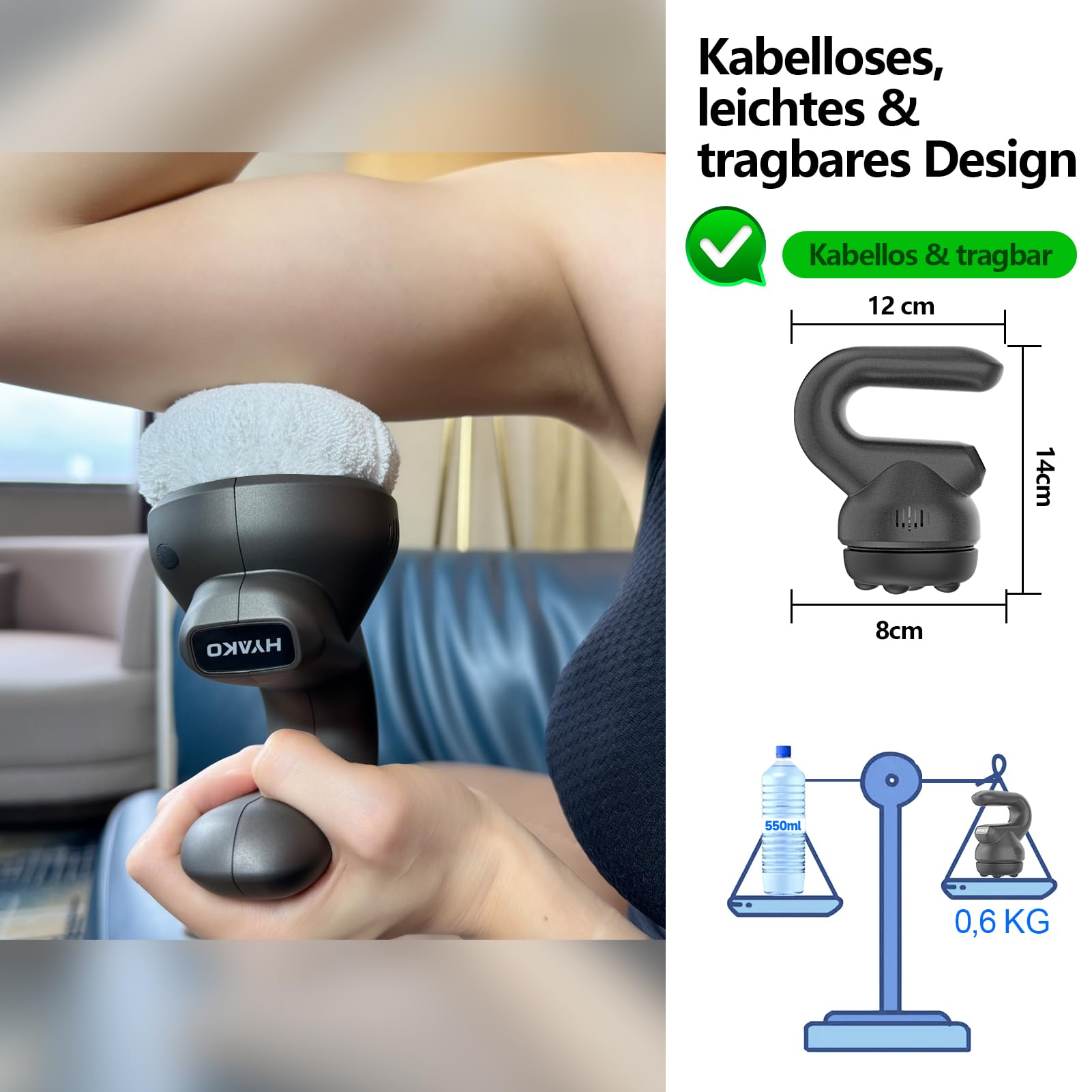 HYAKO Mini Tiefengewebe Orbital Massagegerät 3 Kugelkopf & Tasche und Leise | Durchblutungsförderung, Nacken & Schultermassage, Ergonomie, Stressabbau, Ermüdung reduzieren, Schlaf fördern