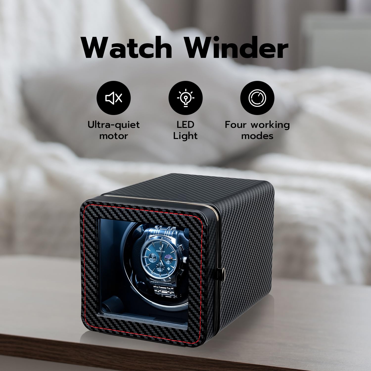Mcbazel Remontoir pour Montre Automatique, Remontoir Automatique Rotatif pour Montre, Boîtier Unique Élégant avec Moteur Silencieux 4 Modes de Rotation, Boîte en Cuir PU Rectangulaire avec Lumière LED