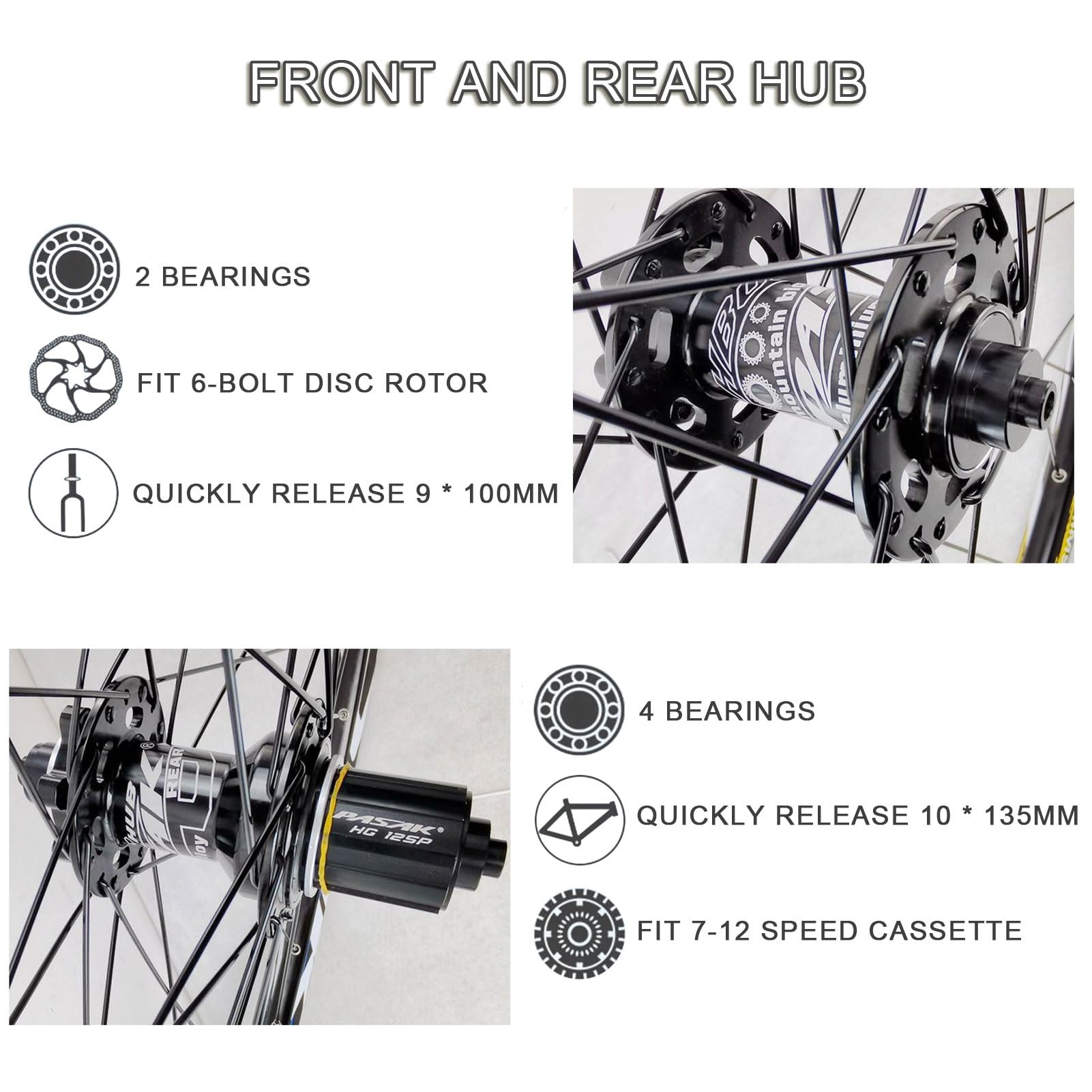 Ruedas para bicicleta de montaña de 26/27,5/29 pulgadas, llantas de aleación de doble pared, 2 rodamientos delanteros y 4 traseros, 32 radios, freno de disco, 12 velocidades, base de torre de 6 garra