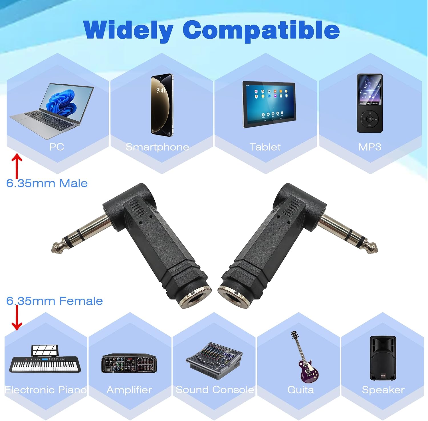1/4 inch 90 Degree TRS Adapter 6.35MM Male to 6.35MM Female Right Angle Stereo Connector for Mixers and Audio Equipment 2pcs