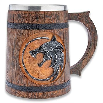 Wolf Medallion Mug | Cold Cast Resin with Stainless Steel Liner | Intricate Wolf Design | Home Decor and Bar Essential | For Hot or Cold Beverages