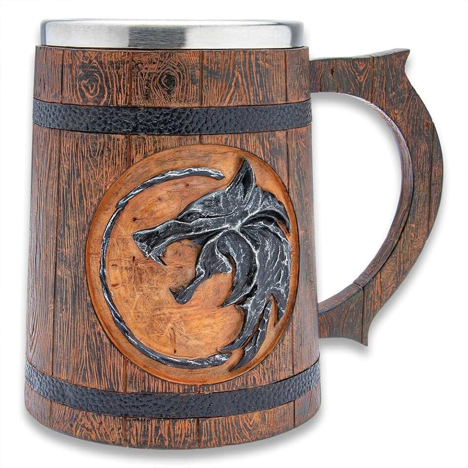 Wolf Medallion Mug | Cold Cast Resin with Stainless Steel Liner | Intricate Wolf Design | Home Décor and Bar Essential | For Hot or Cold Beverages