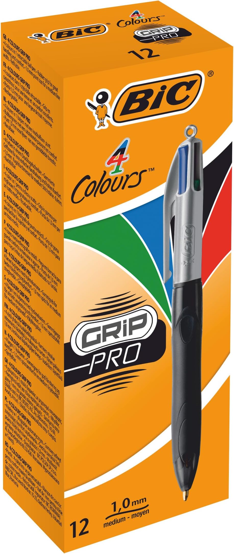4 Colours Grip Pro Retractable Comfortable Ballpoint Pens - Box of 12 - Medium Point - - (1.0 mm)