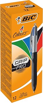 BIC 4 Colours Grip Pro Ballpoint Pens, Mulitcolour Ink, Box of 12