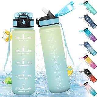 HoneyHolly Botella Agua 1 Litro, Libre de BPA & Reutilizable, Botella de Agua, con Pajita, Cantimplora Gimnasio, con Marcador de Tiempo, Cantimplora para Sport, Bicicleta, Gimnasio, Escuela