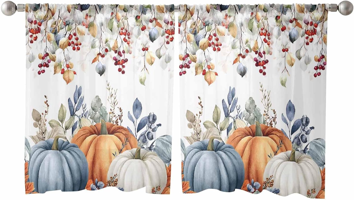 Thanksgiving Sheer Curtains 45 Inches Length 2 Panels Set Chiffon Curtain Sheers for Living Room, Fall Orange Blue Pumpkin Eucalyptus Leaves Rod Pocket Window Drapes Sheer Privacy Curtains Panels
