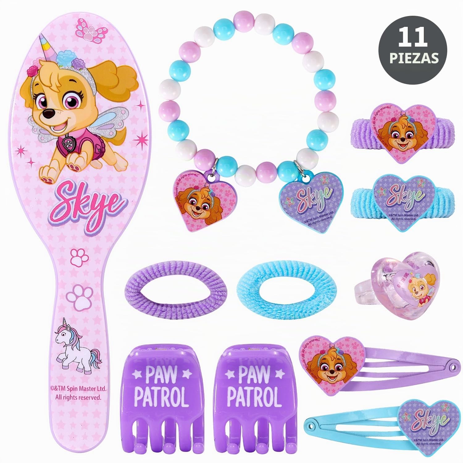 TDL Juego de 11 piezas de joyería y accesorios para el cabello de Paw Patrol Skye para niñas, juego de regalo rosa, pulseras de cepillo para el pelo, pulseras y coleteros