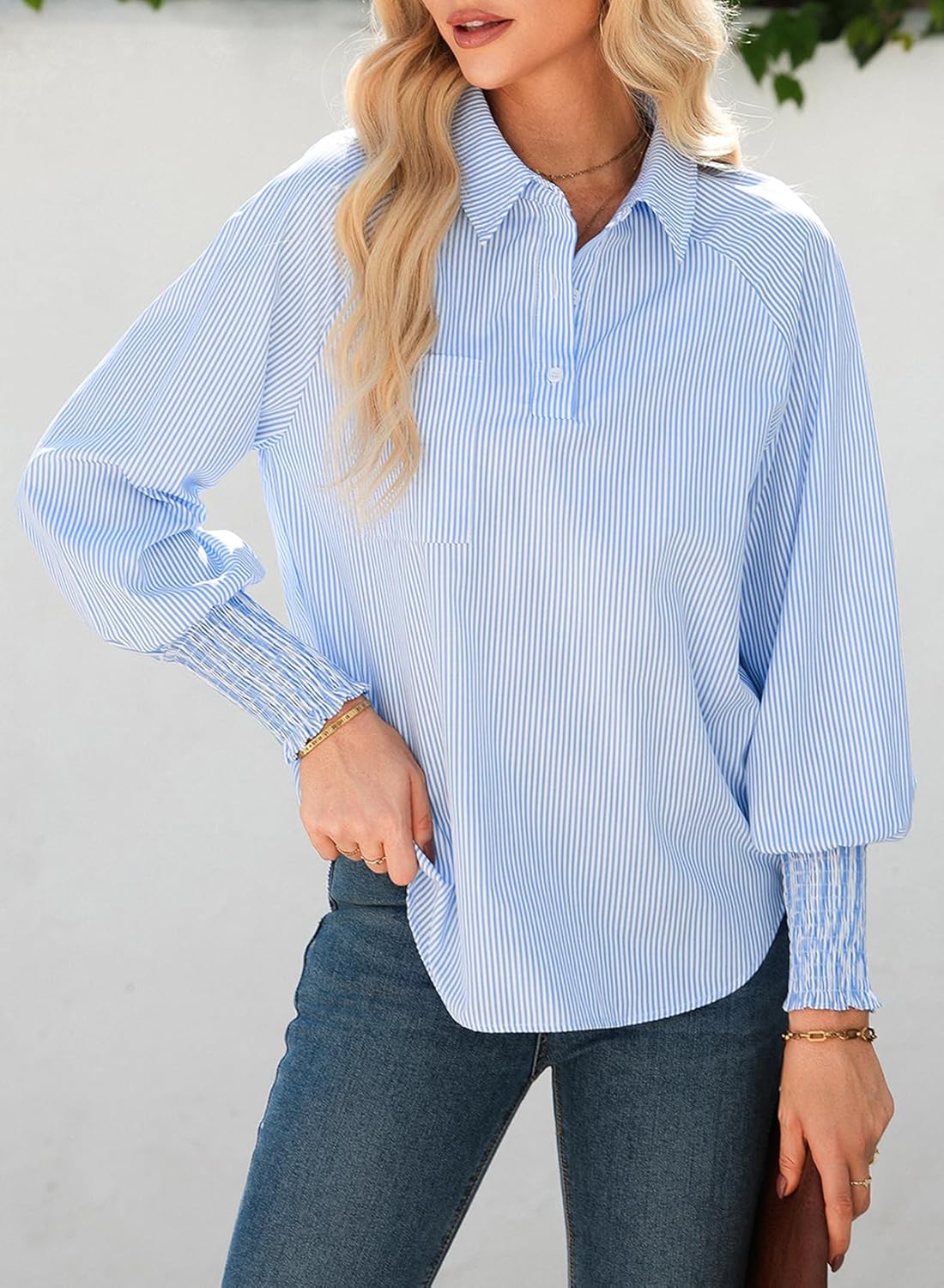 Astylish Women 2026 Fine Striped Smocked Cuffed Henley Shirts Puff Long Sleeve Collared Blouse Tops with Chest Pocket - Image 6