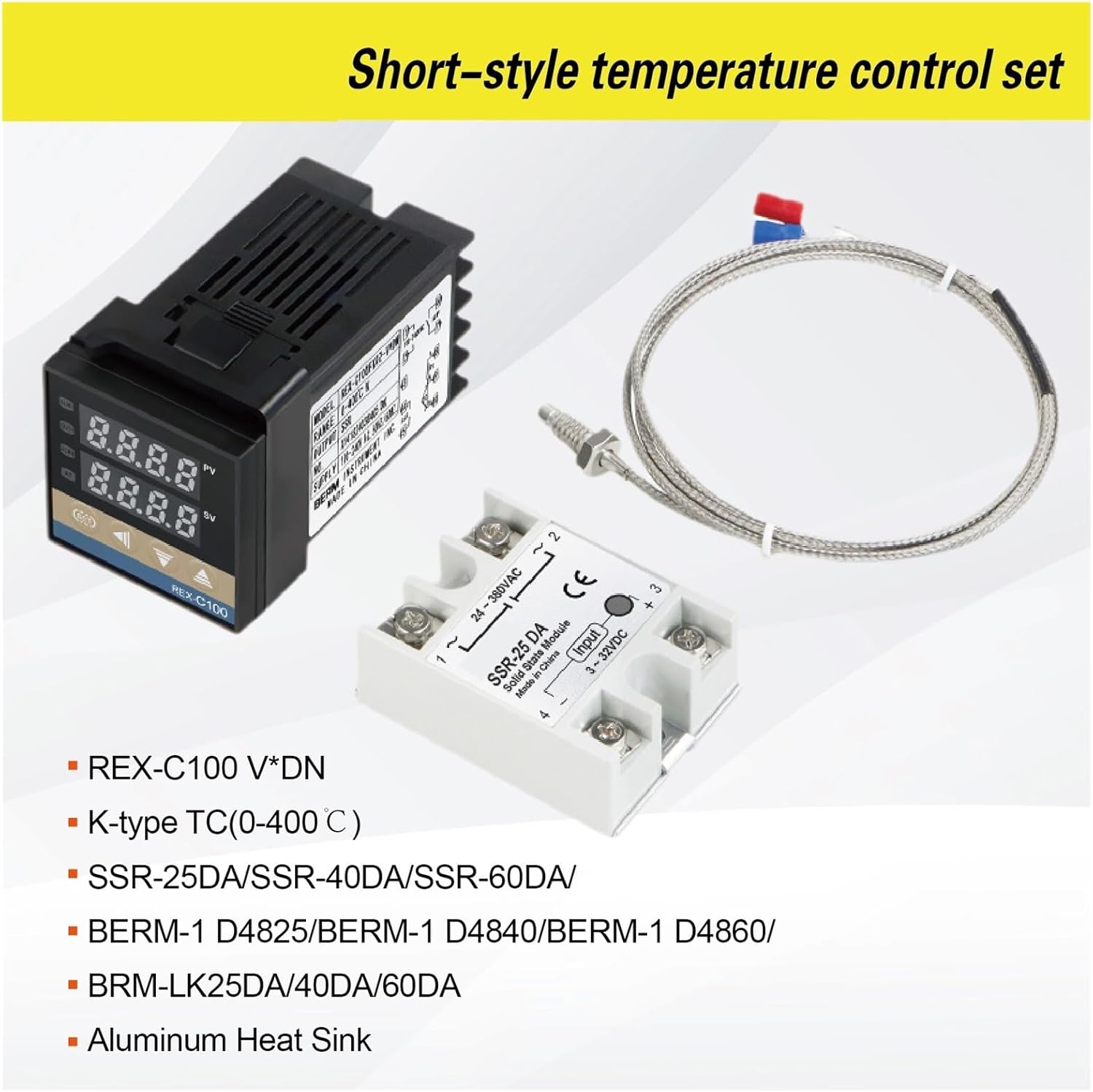 REX-C100 PID Temperature Controller Kit with 25DA/40DA/60DA SSR Relay, K Type Thermocouple, Heating Control System(DN Berm-1 D4825-AL)