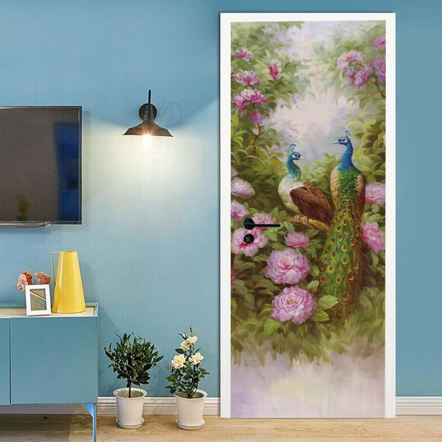 A.Monamour 3D Door Stickers for Interior Doors Watercolor Two Peacocks Sitting Among Pink Flowers Vinyl Removable Self Adhesive Door Poster Wallpaper Mural Decals for Bedroom Office Bathroom 95x215cm