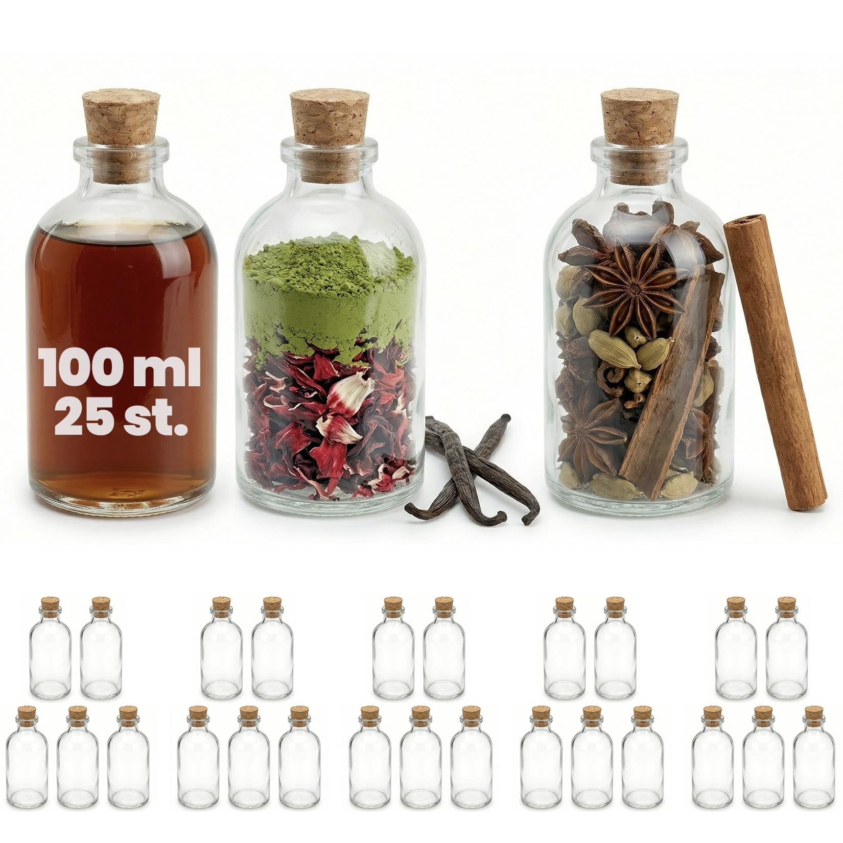 Casavetro Red 100Ml Mini Glass Bottles With Cork Lids - 25 Pcs Reusable Refillable Cork Tops - Air-Tight Bottles For Sloe Gin Oil Vinegar Beer Wine Cider Soda Vodka And Water (25 X 100 Ml)