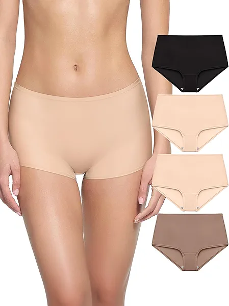 REORIA High Waisted Underwear for Women Full Coverage Boy Shorts Soft Boxer Briefs Breathable Panties 4 Pack Large