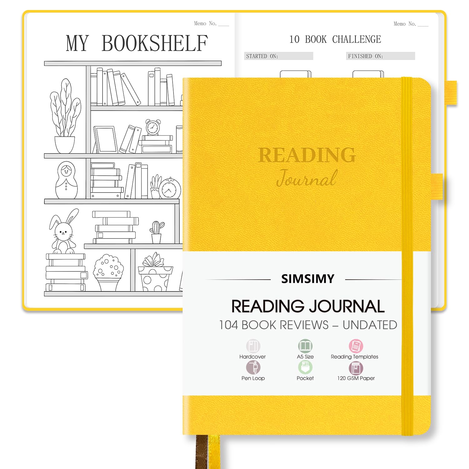 SIMSIMY Reading Journal with 104 Book Reviews, Book Journal for Books Lovers & Readers - Review and Track Your Reading Progress, Reading Log Notebook Gift, A5, Yellow — image 1
