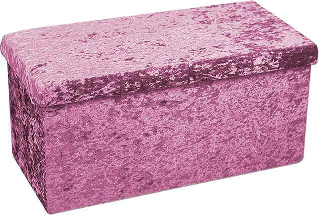 HomeHarmony® Crushed Velvet Quilted Top Folding Storage Ottoman Seat, Stool, Toy Storage Box (Large Pink)