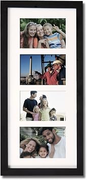 4 Opening Glass Face Black Picture Collage Frame, Decorative Multiple Wooden Frames for Displaying 3.5x5 Photos with White Collage Mat