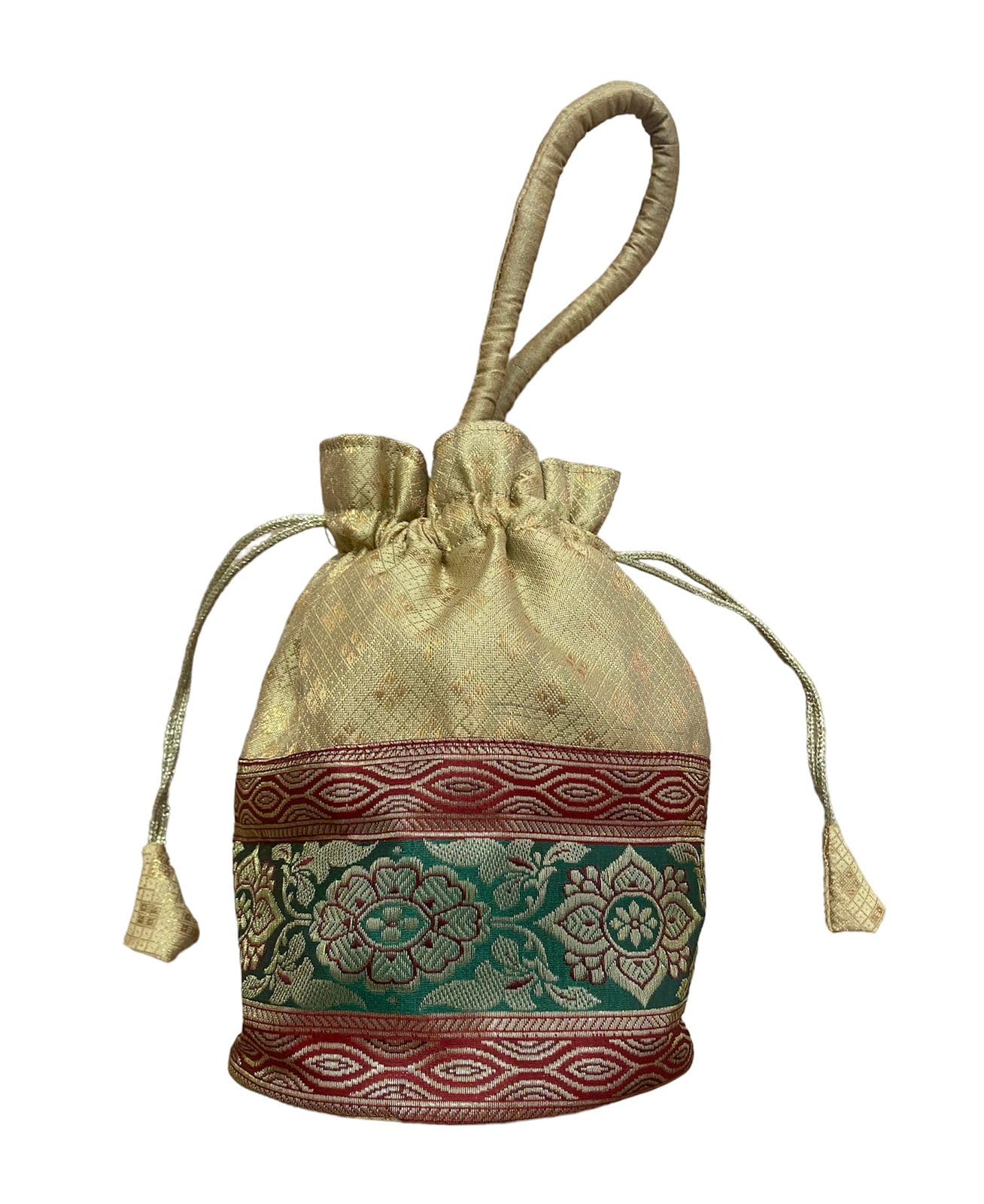 The Home Living Collection HANDMADE BANARASI BAG POTLI ROUND (Beige with Green) (B0CC1VM23Q) Amazon Price History, Amazon Price Tracker