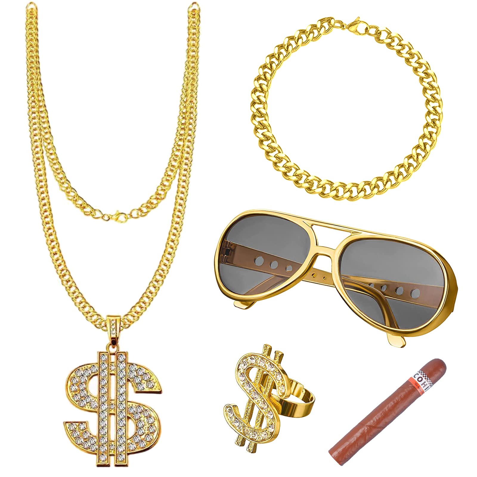 Chaîne Plaqué De Signe Dollar, Ensemble De 5 Pièces Kit De Chaîne De Dollar,Avec Bague Dollar, Collier Dollar, Convient à La Plupart Des Garçons Homme Idéal Pour Le Rappeurs,Hip Hop,Gangsters Cosplay