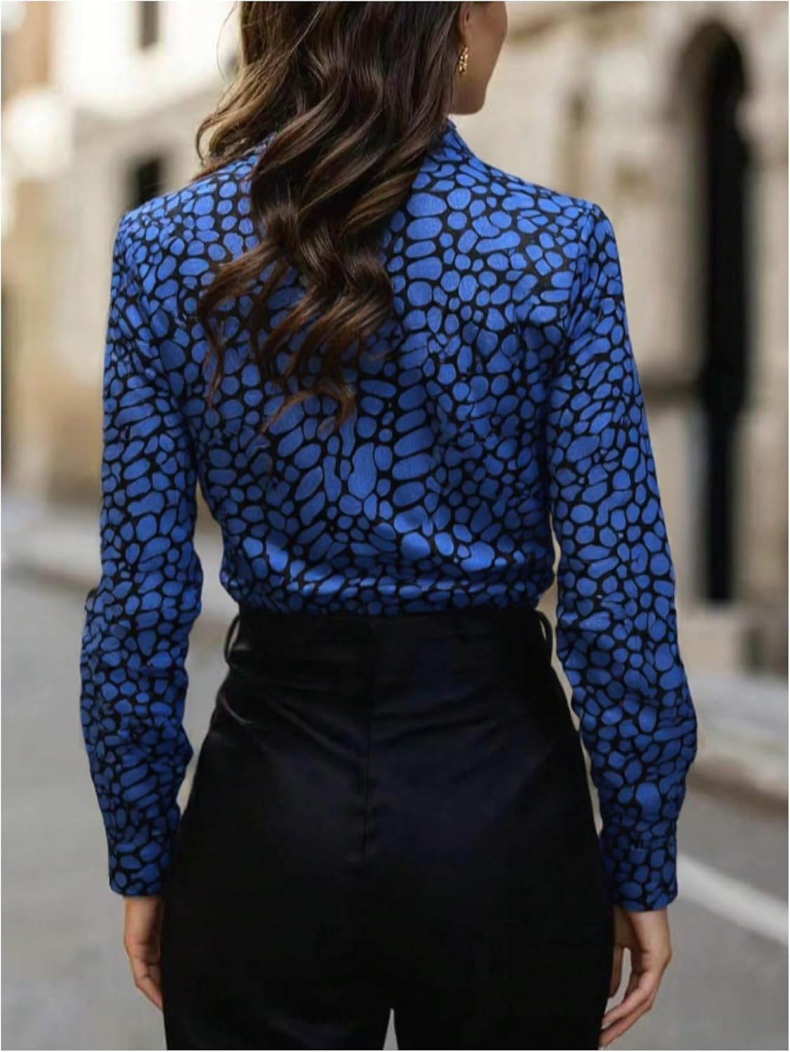 SOLY HUX Women's Satin Printed Button Down Blouse Long Sleeve Silky Work Office Dress Shirt Tops - Image 2