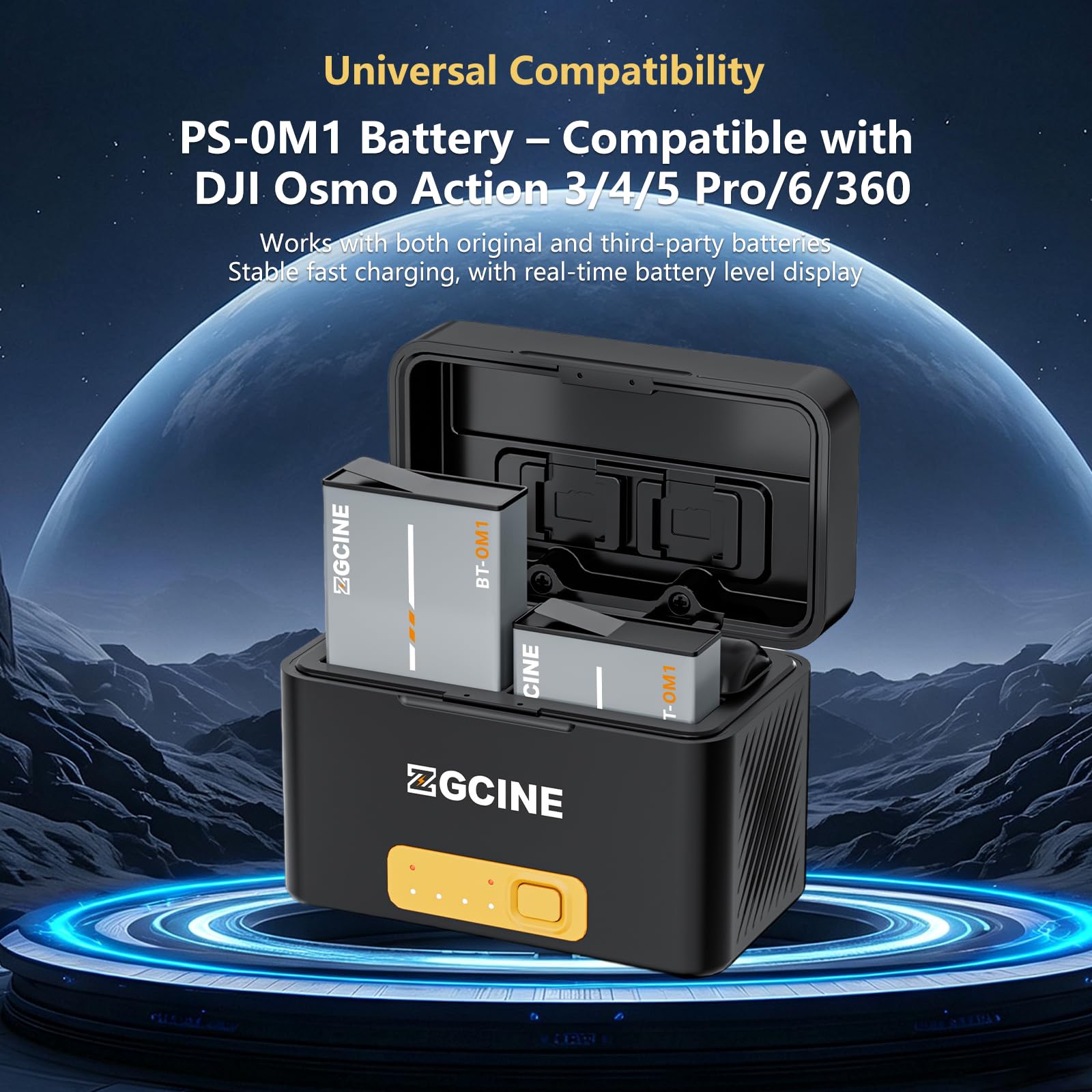 ZGCINE PS-OM1 ładowarka do kamery sportowej, akumulator Osmo Action 3/4/5 Pro/6/360 6400 mAh, ładowarka z funkcją powerbanku, Dual Slot, szybkie ładowanie, USB-C PD Fast Charge, przechowywanie kart TF