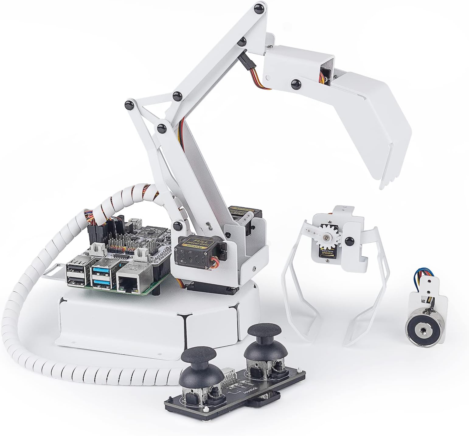 SUNFOUNDER4 DOF Robot Arm Kit with Shovel Bucket, Hanging Clips, Electromagnet, Support Graphical Visual Programming, Python, Remote Control Multifunctional Robotic Arm for Raspberry Pi 4B 3B+ 3B