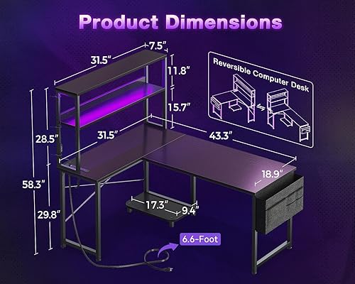 Miniatura 3 de ODK Escritorio en forma de L de 43 pulgadas con iluminación LED, escritorio reversible para juegos con tomas de corriente, mesa de computadora de