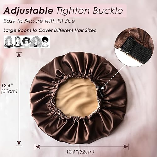 Miniatura 64 de YANIBEST Gorro de seda ajustable de doble capa de satén para dormir, gorros para mujeres, sombreros de cabello rizado natural, champán