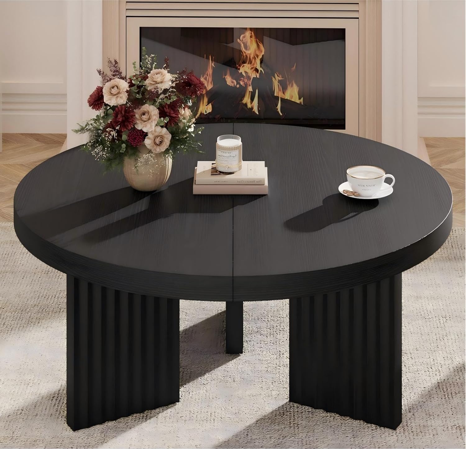 IDEALHOUSE Round Coffee Table, 33.5" Circle Center Table with Fluted Legs & 1.3" Thick Top, Accent Sofa Tables for Living Room, Bedroom, Easy Assembly, Black