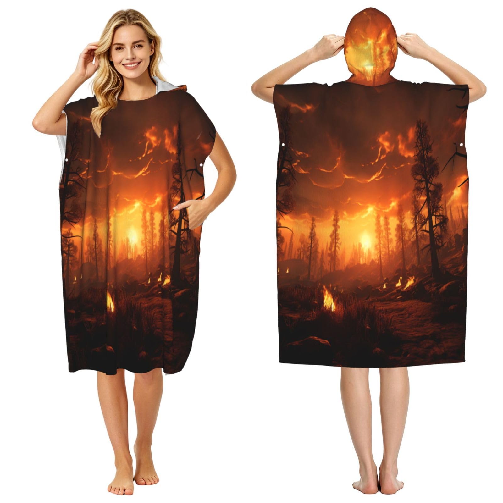KLGRTJHK Flame Forest Adult Hooded Beach Poncho Towel 43"X35"