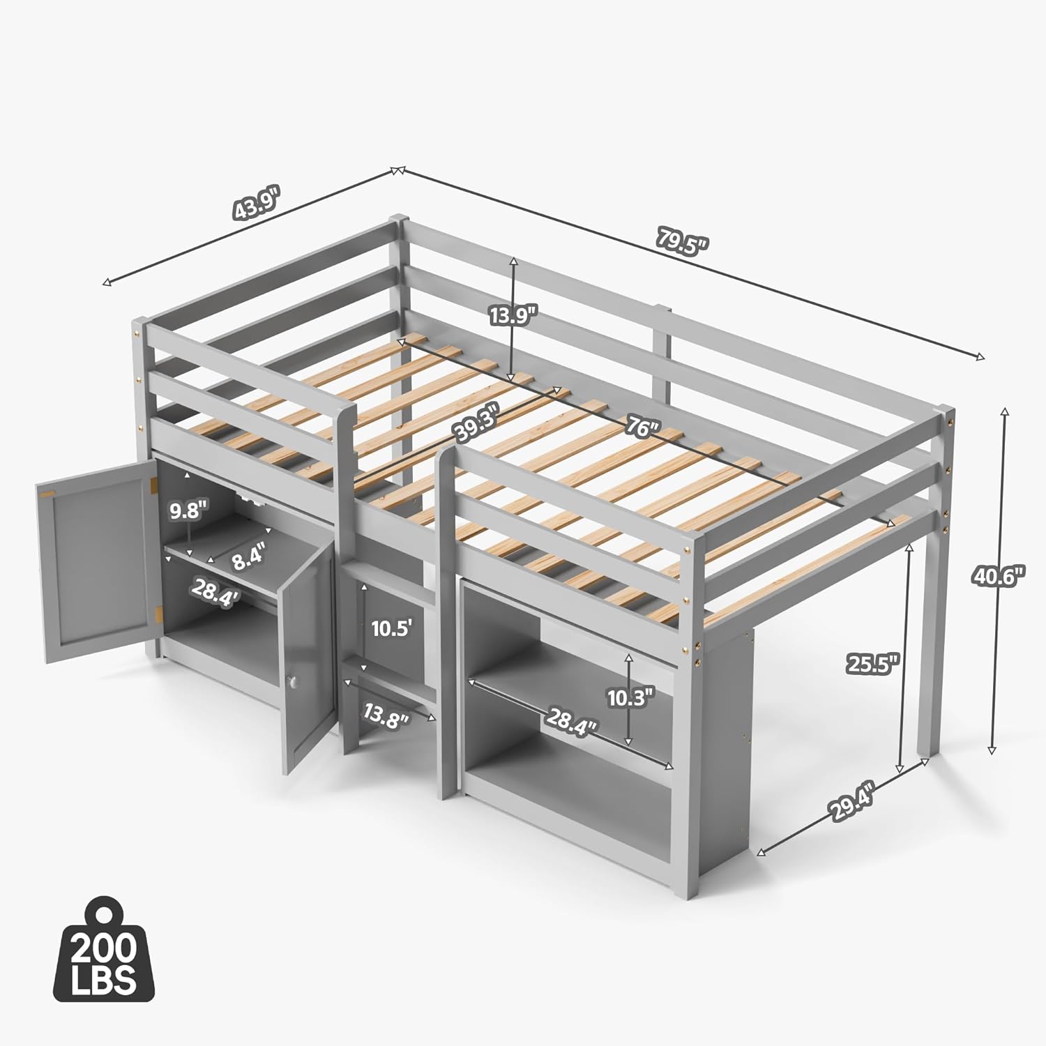 TOLEAD Low Loft Bed, Kids Loft Bed Twin, Toddler Loft Bed with Lights, Kids Loft Beds with 14" H Safety Guardrail, Wood Twin Low Loft Beds with Storage Bookcase and Under-Bed Play Space (Grey)