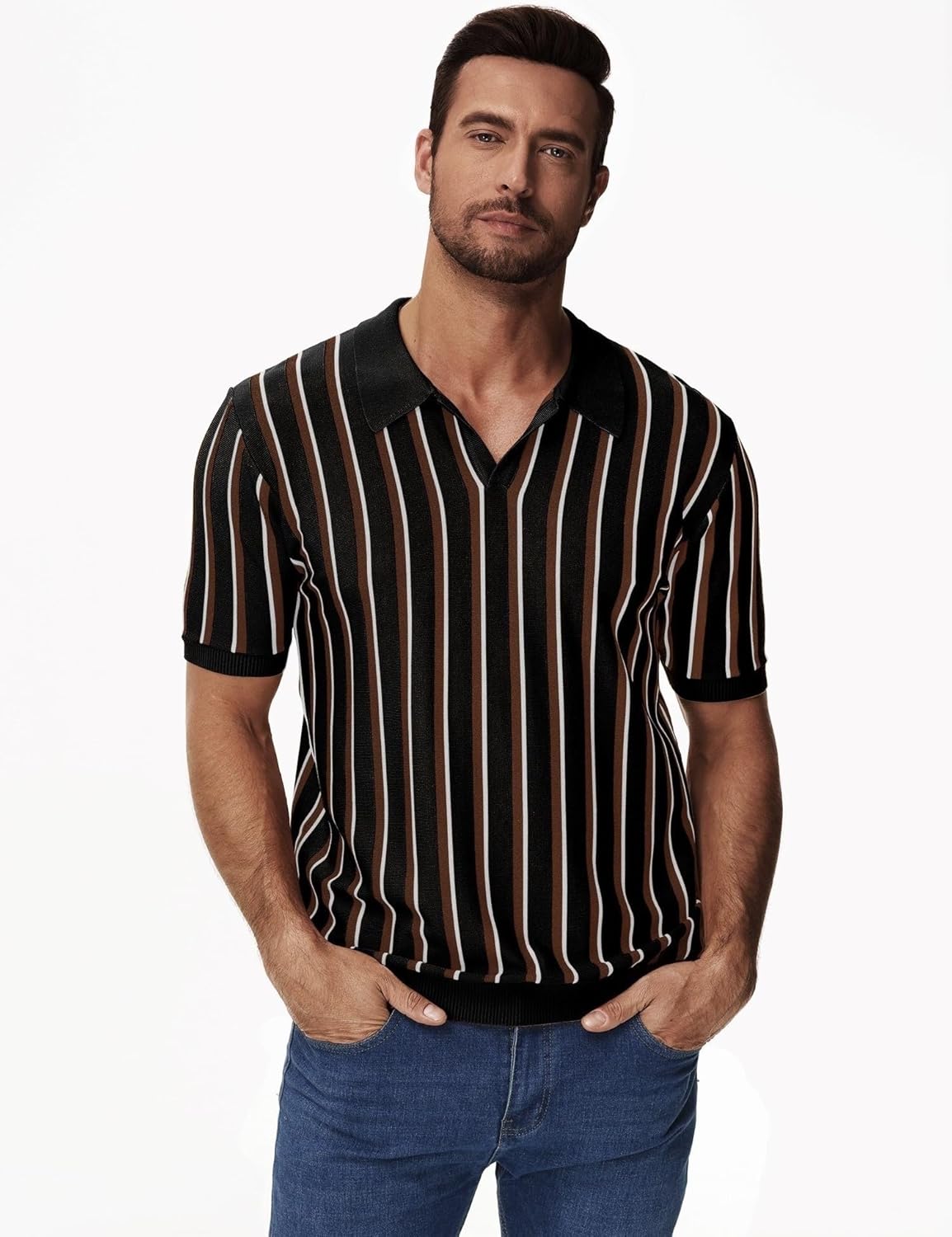iWoo Men's Knit Polo Shirts Short Sleeve Casual Vintage Striped Golf Polo Classic Collared T Shirt - Image 2