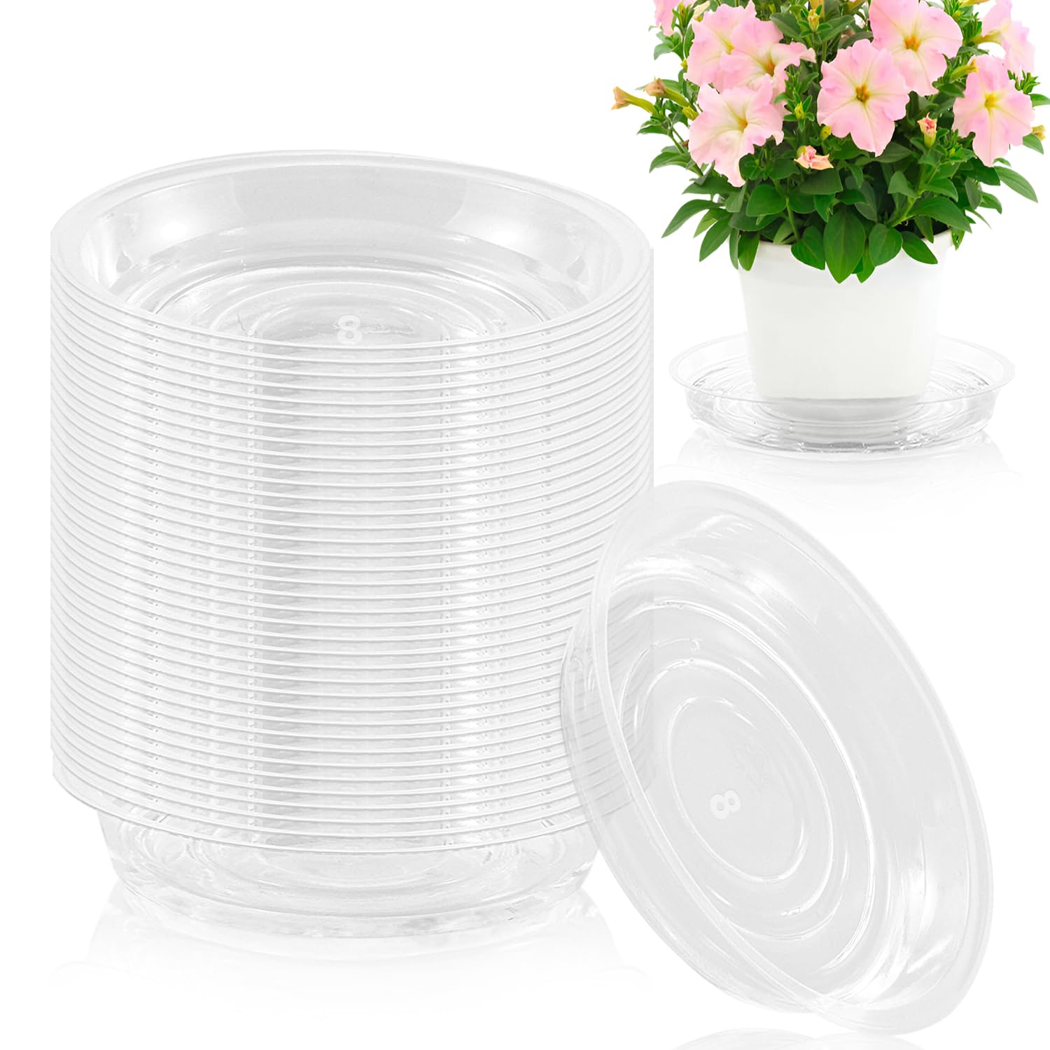 40 Pack 8 Inch Plant Saucer Clear Plant Saucers for Outdoors Plants Drip Trays, Large Pot Saucer No Holes Pot Saucers Planter Trays for Outdoor Plants
